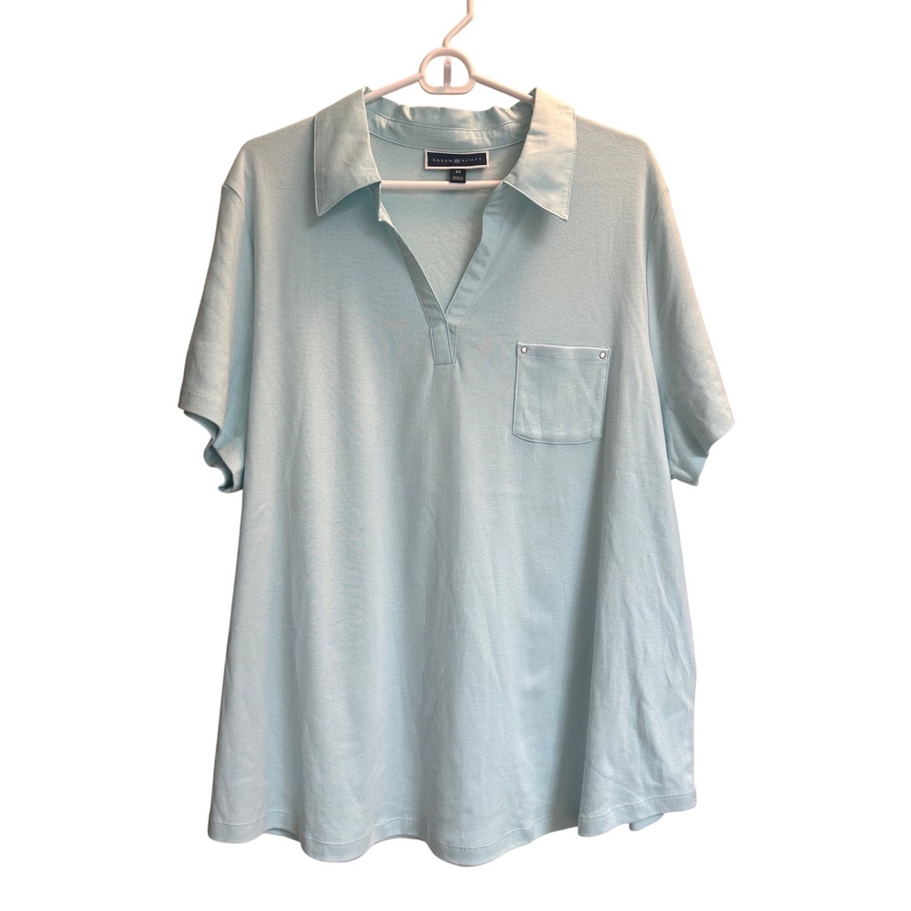 Karen Scott Womens 3X Light Blue Cotton Short Sleeve V-Neck Polo Shirt Pocket